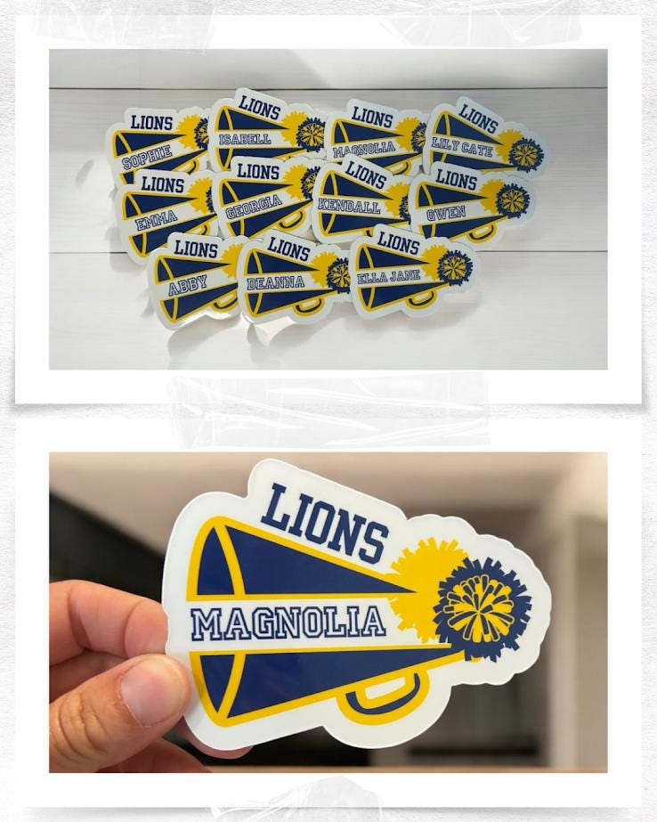 Cheer car magnet | Cheer team spirit gift | End of season team gifts | Personalized cheer stickers | Custom cheer gifts and magnets